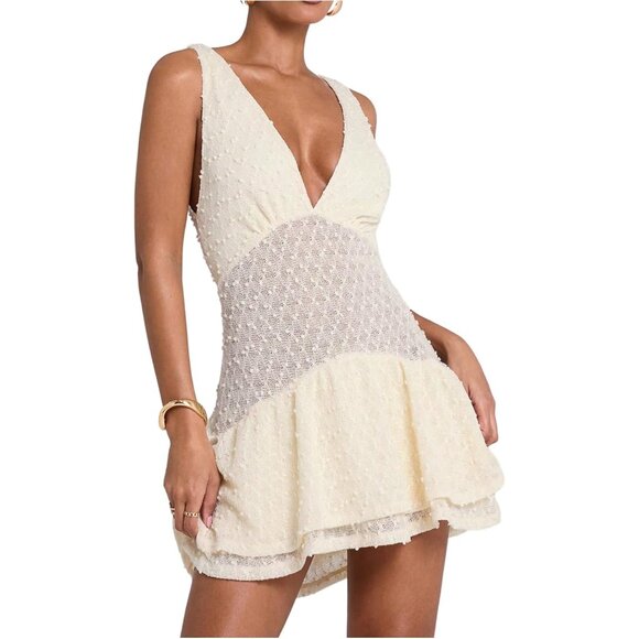 Women's Summer Crochet Mini Dress Deep V Sleeveless Ruffle Vacation Party - Picture 1 of 5